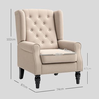 Sillón de Dormitorio Estilo Francés con Amplio Asiento, Silloncito de Dormitorio Acolchado con Brazos y Relleno, con Patas de Madera para Sala de Estar y Oficina, Beige