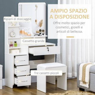 Estación de Maquillaje con Espejo Grande de Vidrio Templado, Tocador de Maquillaje con Taburete Acolchado, 4 Cajones y 4 Estantes, Estación de Maquillaje para Dormitorio, Blanco
