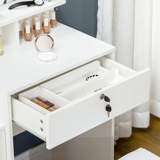 Estación de Maquillaje con Espejo Grande de Vidrio Templado, Tocador de Maquillaje con Taburete Acolchado, 4 Cajones y 4 Estantes, Estación de Maquillaje para Dormitorio, Blanco