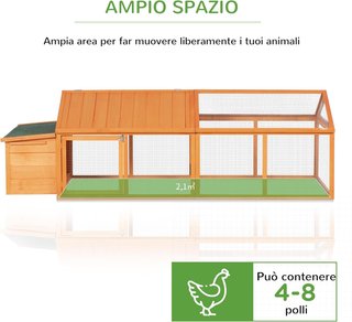Gallinero Exterior Con Techo Abatible Y Área De Nido, Gallinero De Madera De Abeto Con Rejilla Metálica Y Puerta Grande, Para 4-8 Gallinas, 240X112.5X76 Cm, Naranja