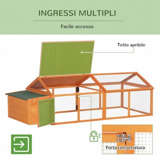 Gallinero Exterior Con Techo Abatible Y Área De Nido, Gallinero De Madera De Abeto Con Rejilla Metálica Y Puerta Grande, Para 4-8 Gallinas, 240X112.5X76 Cm, Naranja