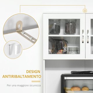 Credenza de Cocina Alta Con 2 Armarios, Superficie para Microondas y Cajón, Mueble Despensa Con Puertas de Vidrio y Estantes Regulables, para Sala de Estar, Comedor y Cocina, 80X48X170 Cm, Blanco