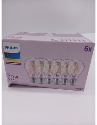 Philips Classic A60 LED Bulb - 60 W - Colourless - E27 Socket - Warm White 2700K - Pack of 6