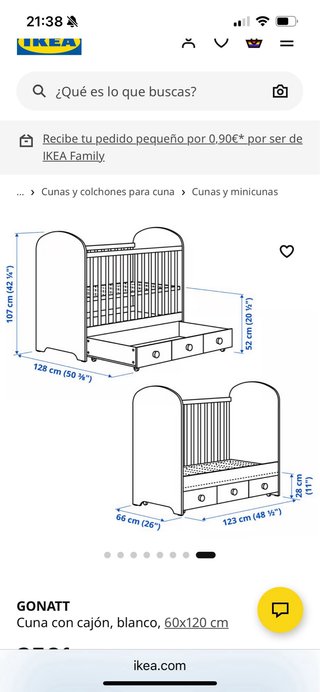 Cuna GONATT con cajón blanco 60x120 cm nueva.