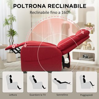 Sillón Relax Reclinable Manual con Reposapiés, Sillón Reclinable en Tejido Efecto Lino para Dormitorio, Salón y Sala de Estar, Rojo