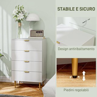 Cómoda de Dormitorio de 4 Cajones con Frentes Estriados, Cómoda Moderna con Manijas y Patas Doradas, Mueble para Sala de Estar, Habitación Infantil y Pasillo en Madera, 60X40X96 Cm, Blanco