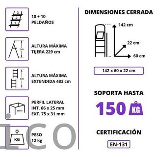 Escalera Telescópica Aluminio 5+5 Pestaña