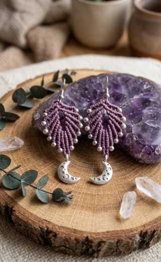 Pendientes Macramé Luna y Estrellas Púrpura