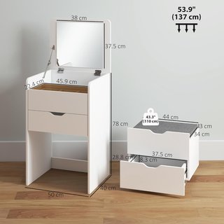 Estación de Maquillaje 3 en 1 Con Espejo Plegable, Taburete Oculto, Tocador Con Taburete Acolchado con Ruedas, 3 Cajones, Superficie de Vidrio Transparente, Espacio de Almacenamiento, Ahorra Espac...