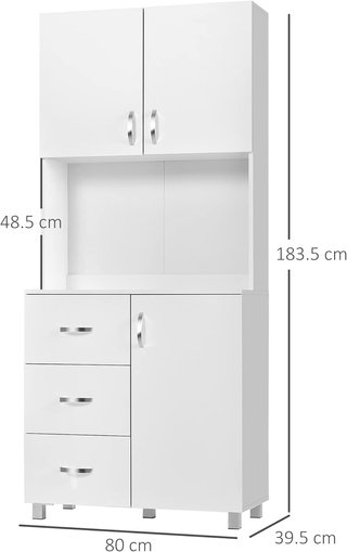 Credenza De Cocina Y Comedor, Credenza Moderna De Madera Blanca, 2 Armarios, Estantes Regulables, 1 Estante Abierto Y 3 Cajones, 80X39.5X183.5Cm