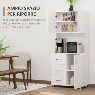 Credenza De Cocina Y Comedor, Credenza Moderna De Madera Blanca, 2 Armarios, Estantes Regulables, 1 Estante Abierto Y 3 Cajones, 80X39.5X183.5Cm