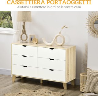 Cómoda de Dormitorio de 6 Cajones, Comoda Moderna con Patas en Trapezio y Manijas Talladas, Mueble para Pasillo, Sala de Estar y Habitación Infantil en Madera, 120X40X76 Cm, Blanco y Roble