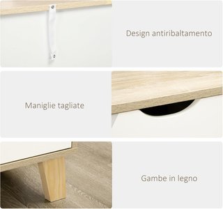 Cómoda de Dormitorio de 6 Cajones, Comoda Moderna con Patas en Trapezio y Manijas Talladas, Mueble para Pasillo, Sala de Estar y Habitación Infantil en Madera, 120X40X76 Cm, Blanco y Roble