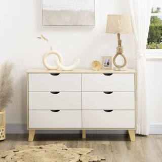 Cómoda de Dormitorio de 6 Cajones, Comoda Moderna con Patas en Trapezio y Manijas Talladas, Mueble para Pasillo, Sala de Estar y Habitación Infantil en Madera, 120X40X76 Cm, Blanco y Roble