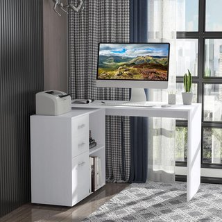 Escritorio Esquinero para Ordenador de Oficina con Cajonera 117×83.5×76Cm Blanco