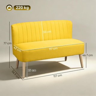 Sofá de 2 Plazas en Tela Efecto Lino Sin Brazos Diseño a Rayas, Sofá de 2 Plazas Acolchado Ahorra Espacio Moderno con Patas de Caucho para Sala de Estar, 117X56.5X77 Cm, Amarillo