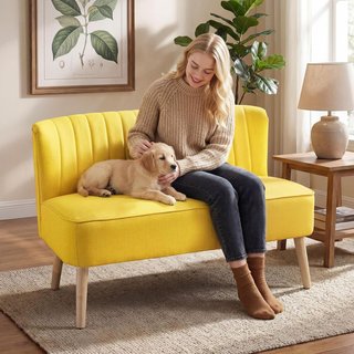 Sofá de 2 Plazas en Tela Efecto Lino Sin Brazos Diseño a Rayas, Sofá de 2 Plazas Acolchado Ahorra Espacio Moderno con Patas de Caucho para Sala de Estar, 117X56.5X77 Cm, Amarillo