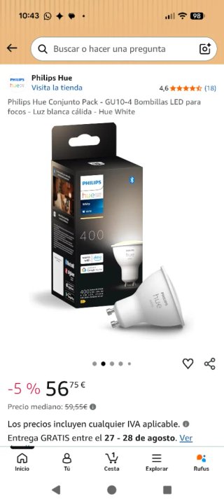 Philips Hue Bombillas LED GU10 (Pack 4)