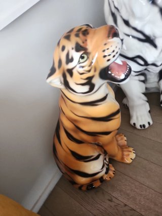Figura Tigre Cerámica Naranja Rugiendo