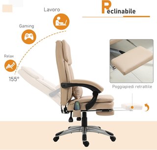 Silla de Oficina Masajeadora, Altura Ajustable y Reclinable en Piel PU, 67X69X106.5-114.5Cm Beige