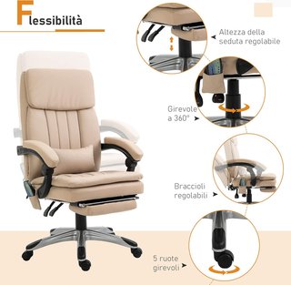 Silla de Oficina Masajeadora, Altura Ajustable y Reclinable en Piel PU, 67X69X106.5-114.5Cm Beige