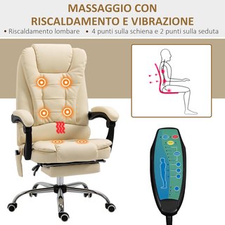 Sillón Masajeador Giratorio y Ergonómico con Altura Ajustable y 6 Puntos Vibrantes, 65X160X104 Cm, Crema