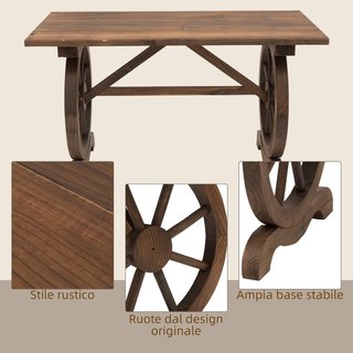 Mesa de Jardín Estilo Country con Patas en Forma de Rueda, de Madera de Abeto Resistente a las Intemperies, 110X60X65 Cm