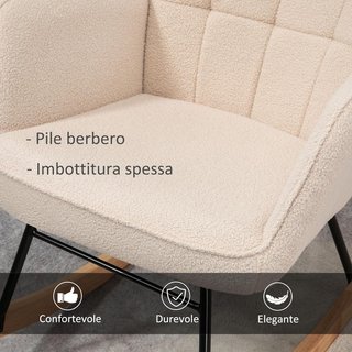 Silla mecedora de interior acolchada, sillón mecedora de relax en pelo berbería con reposabrazos, estructura de acero y patas de madera de haya para sala de estar y dormitorio, beige