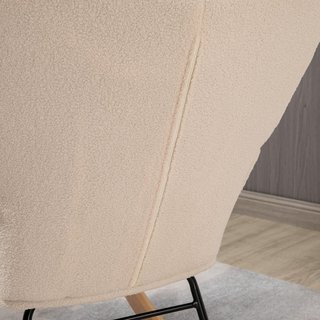 Silla mecedora de interior acolchada, sillón mecedora de relax en pelo berbería con reposabrazos, estructura de acero y patas de madera de haya para sala de estar y dormitorio, beige