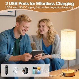 2 Lámparas Mesita Noche USB Madera