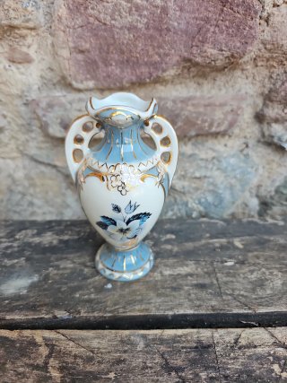 Jarrón porcelana blanco, azul y oro