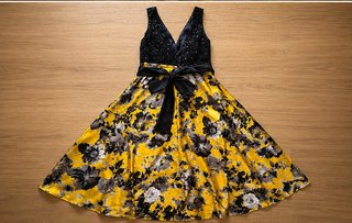 Vestido Fiesta María Lago Talla 48 Negro/Amarillo