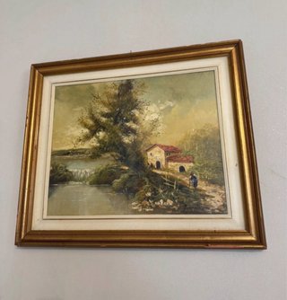 Antico quadro paesaggio con cascata