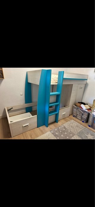 Cama litera madera blanca y azul
