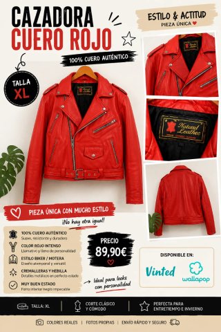 Chaqueta Cuero Roja Natural Leather Talla XL