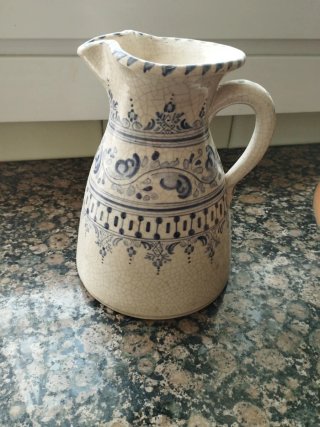 Jarrón de cerámica vintage azul y beige