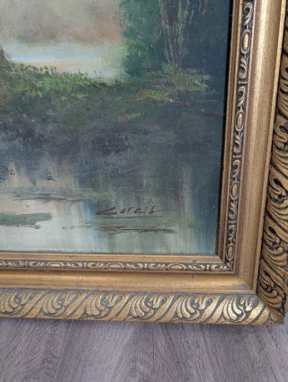 Gran Pintura al óleo paisaje puente antiguo madera