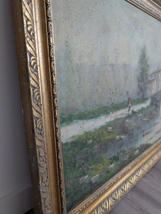 Gran Pintura al óleo paisaje puente antiguo madera