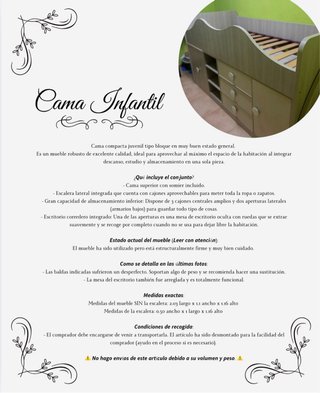 Cama infantil compacta con escritorio y cajones.
