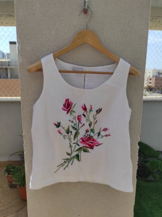Top Lasserre blanco bordado lino T42
