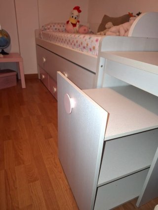 Cama nido compacta 90x190 blanca y rosa + zapatero
