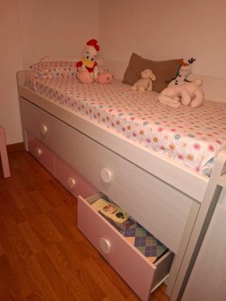Cama nido compacta 90x190 blanca y rosa + zapatero