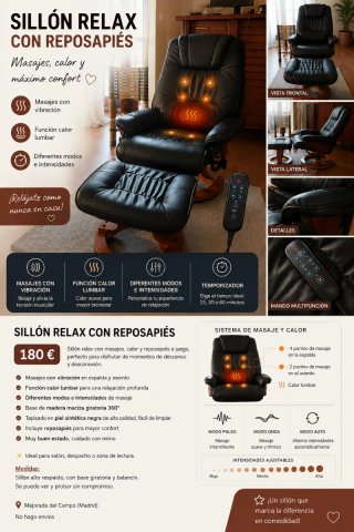 Sillón Relax Masaje con Reposapiés Negro