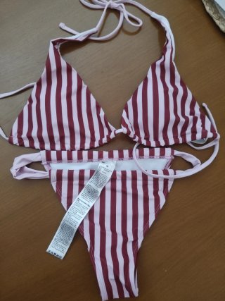Bikini Tiras Rayas Rojo y Rosa Talla M