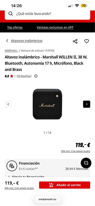 Altavoz Marshall Willen II Negro 38W