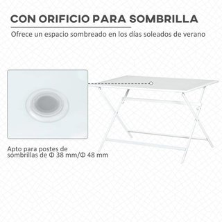 Mesa Jardín Plegable Metal Vidrio 110x70 Blanca