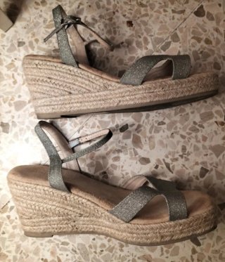 2 Pares Sandalias Esparto Cuña Beige/Plata