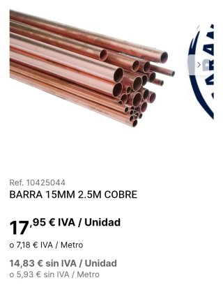 20 Barras tubos de Cobre 15mm 2.5m