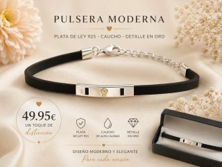 Pulsera Plata Ley 925, Caucho y Detalle Oro