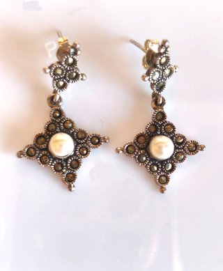 Pendientes perlas y marcasitas, plata